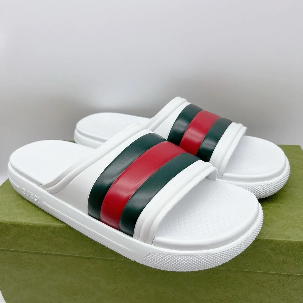 Gucci Men's Web ACE RUBBER Slide Sandals Pool White UK 12 US 12.5 NEW AUTHENTIC